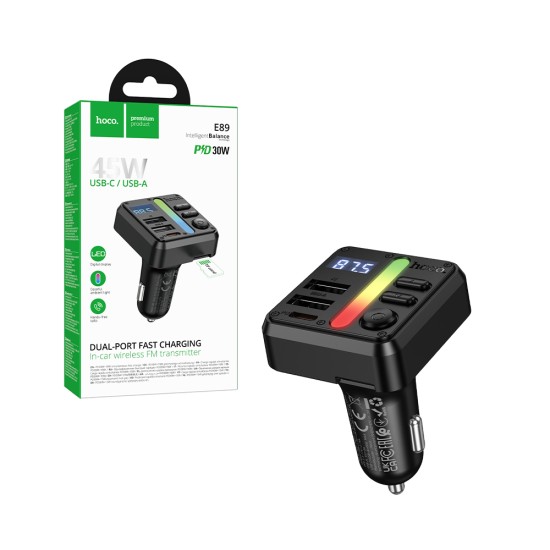 Transmissor FM Bluetooth sem fios Hoco E89 Libre com USB duplo+Type-C 45W Preto